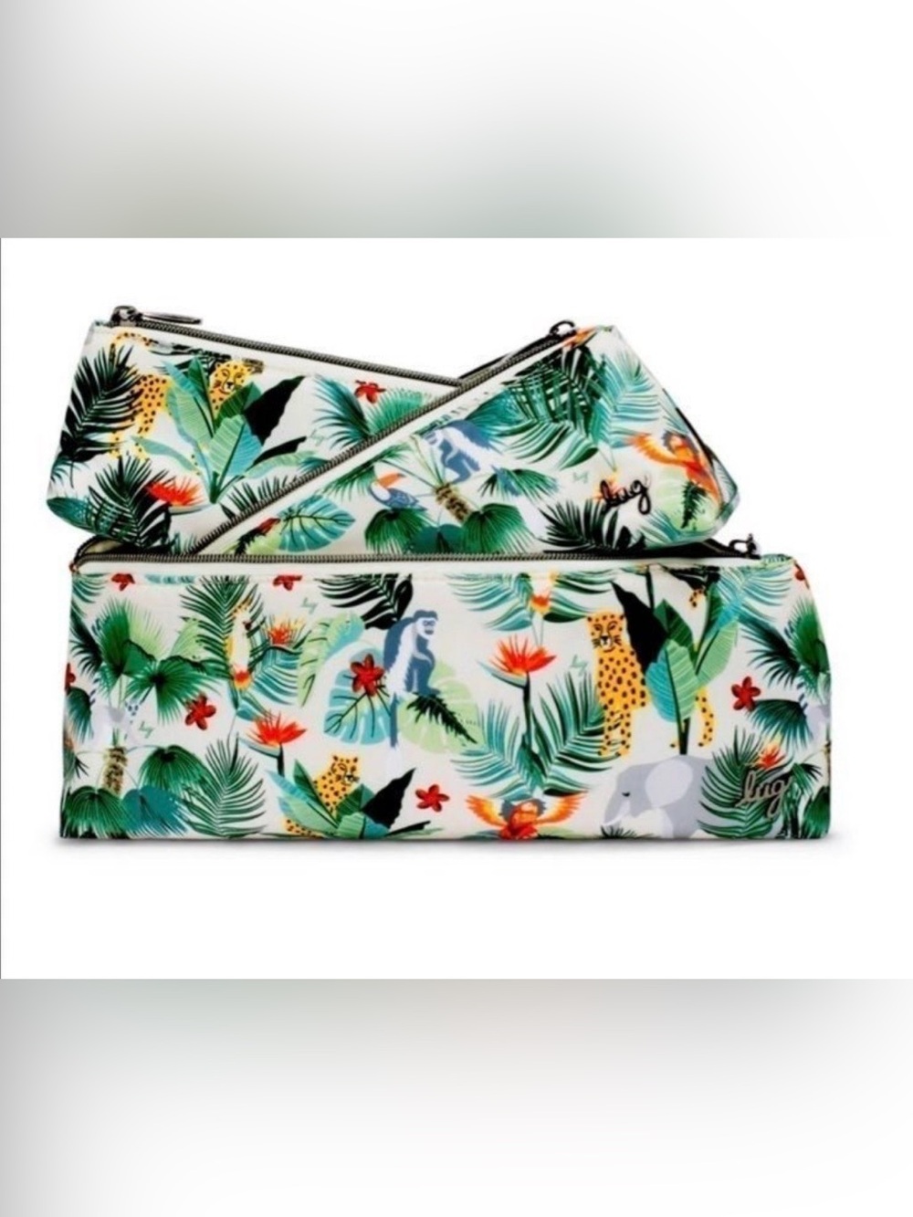 Lug SCHOONER Wildlife Cream Tropical Jungle Print Organizing Pouches Set 3 Bags